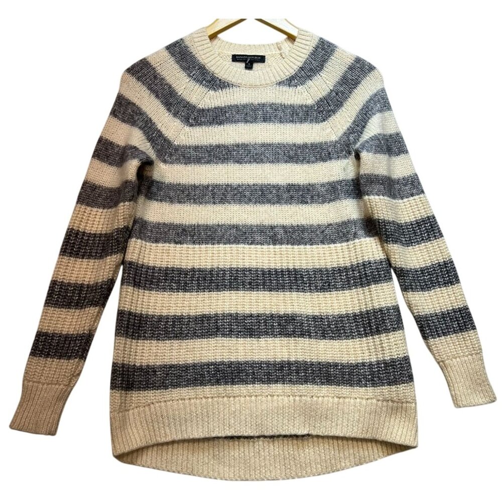 Banana Republic Womens Wool Blend Pullover Sweater Knit Size S Gray Cream Stripe